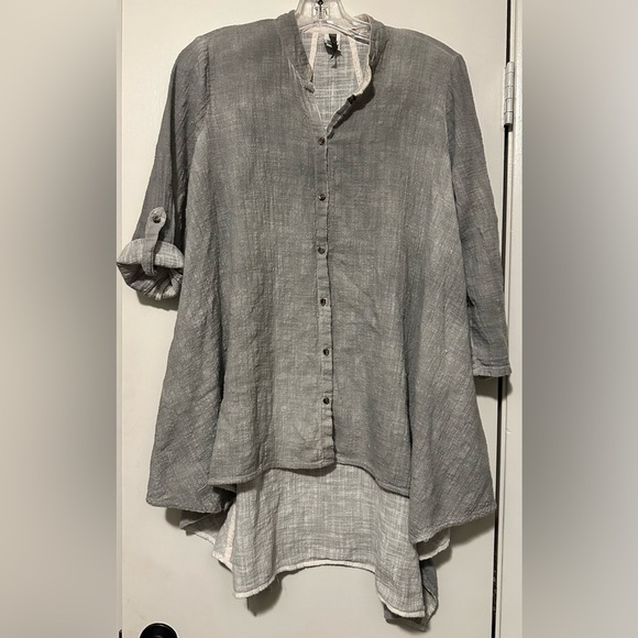 XCVI Tops - XCVI Button Front Tunic Shirt Cotton Roll Tab Sleeve Gray size M